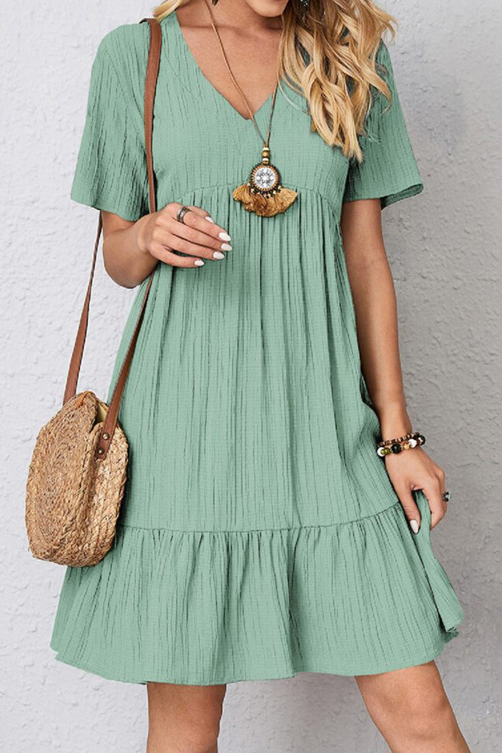 Ruched V-Neck Summer Dress Turquoise