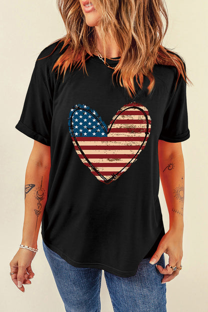 Stars and Stripes Heart Round Neck Short Sleeve T-Shirt Black