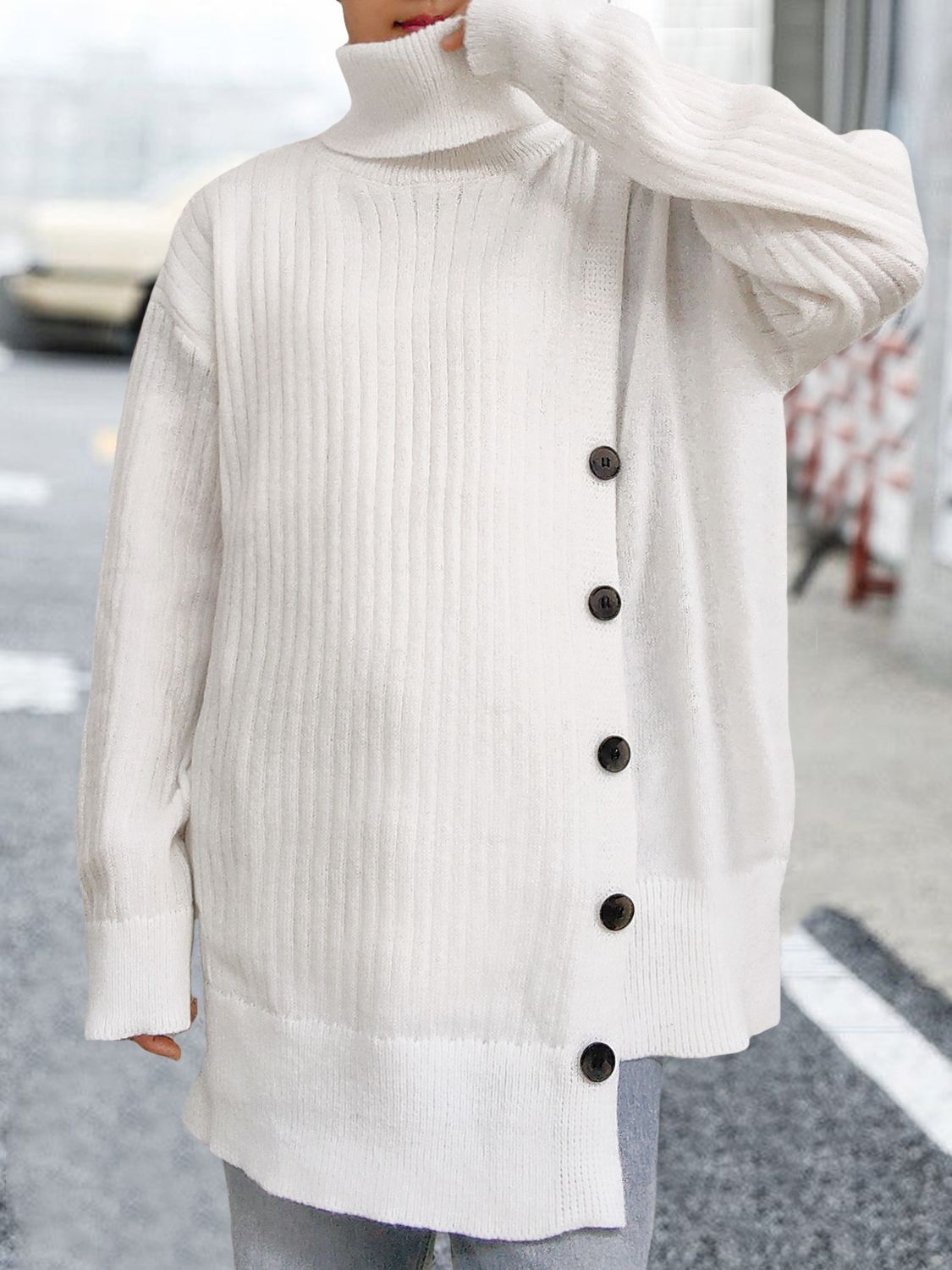 Turtleneck Dropped Shoulder Long Sleeve Sweater White One Size