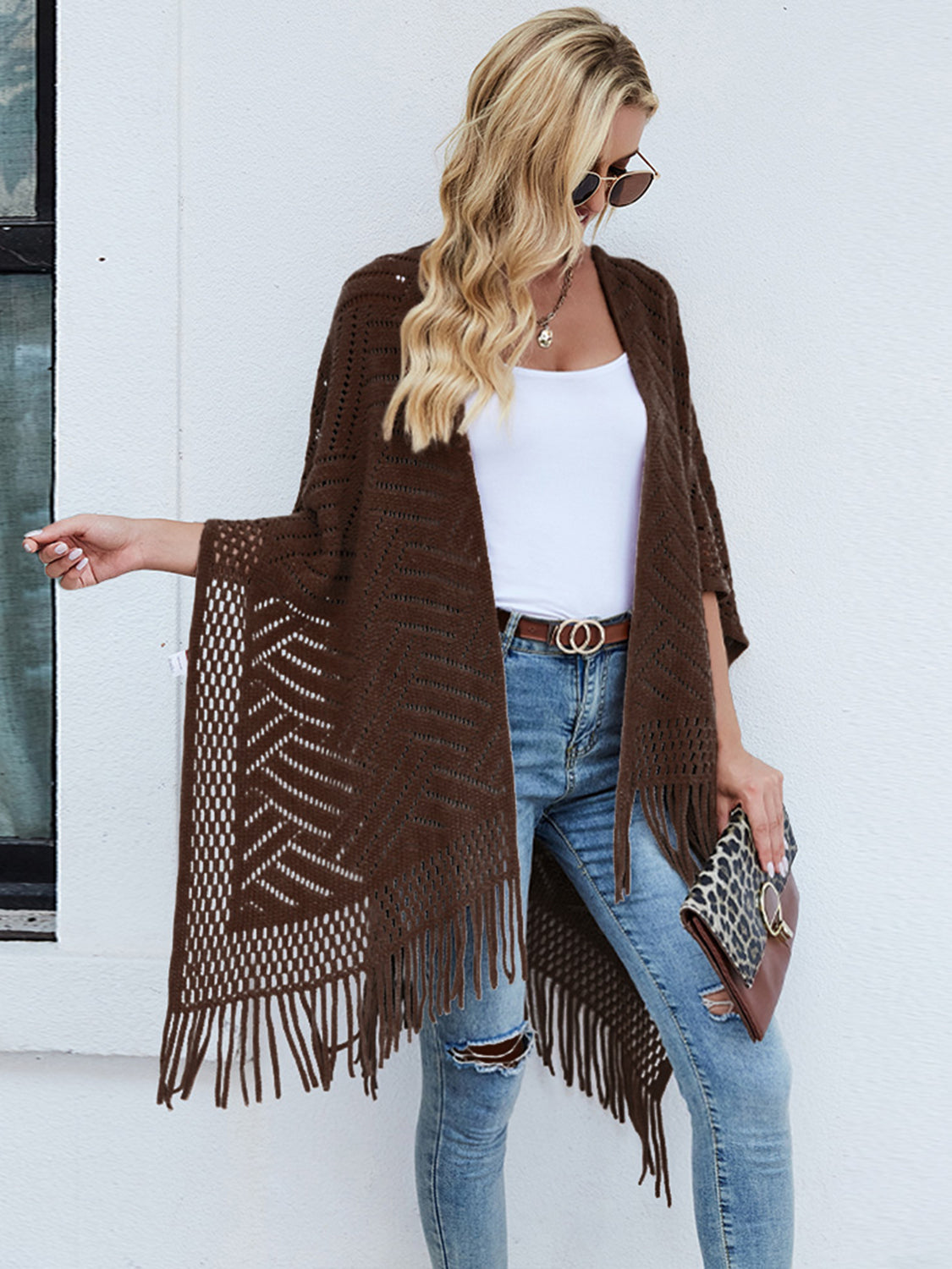 Shiny Fringe Hem Open Front Poncho