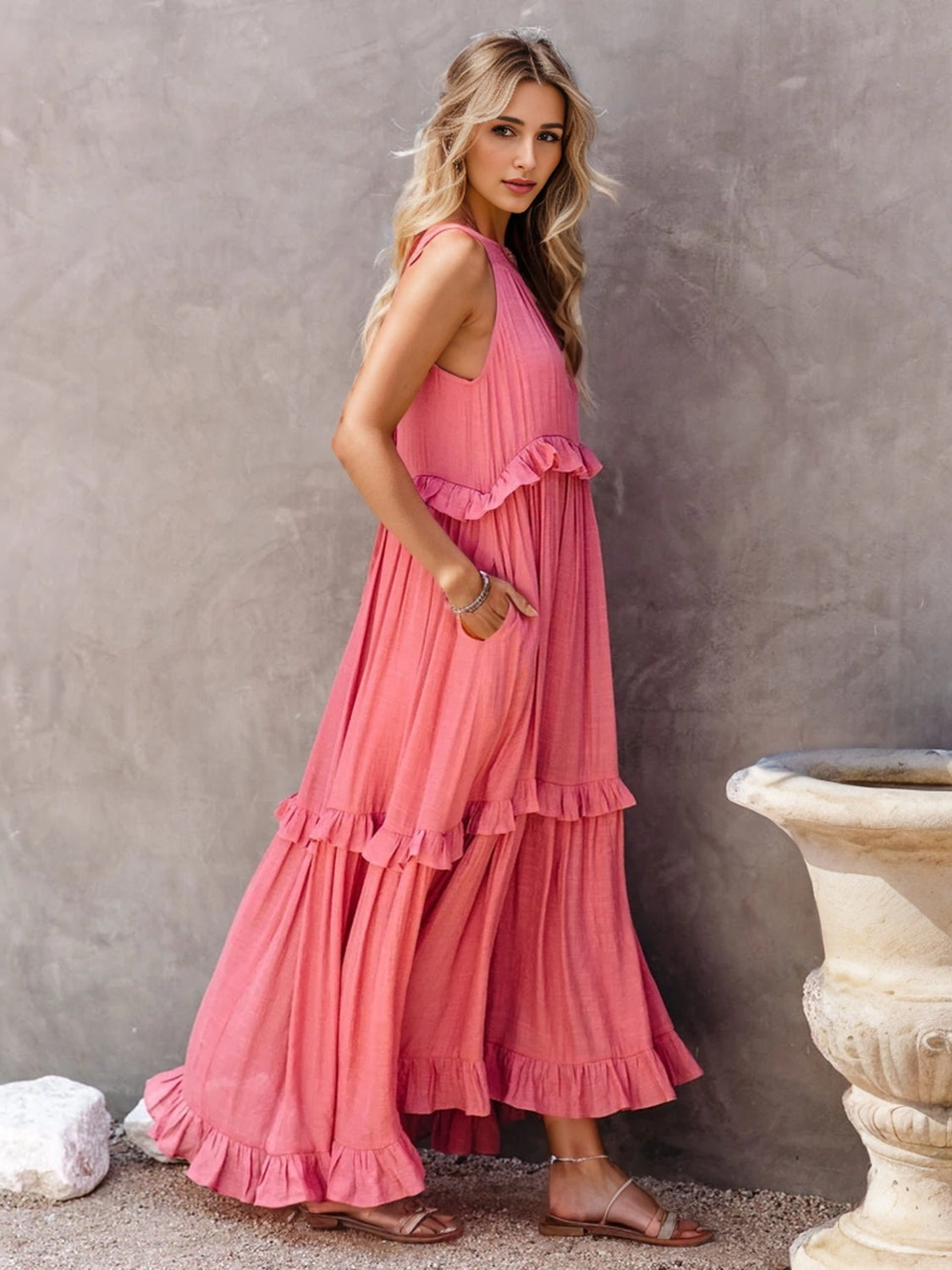 Smocked Tiered Maxi Dress with Pockets