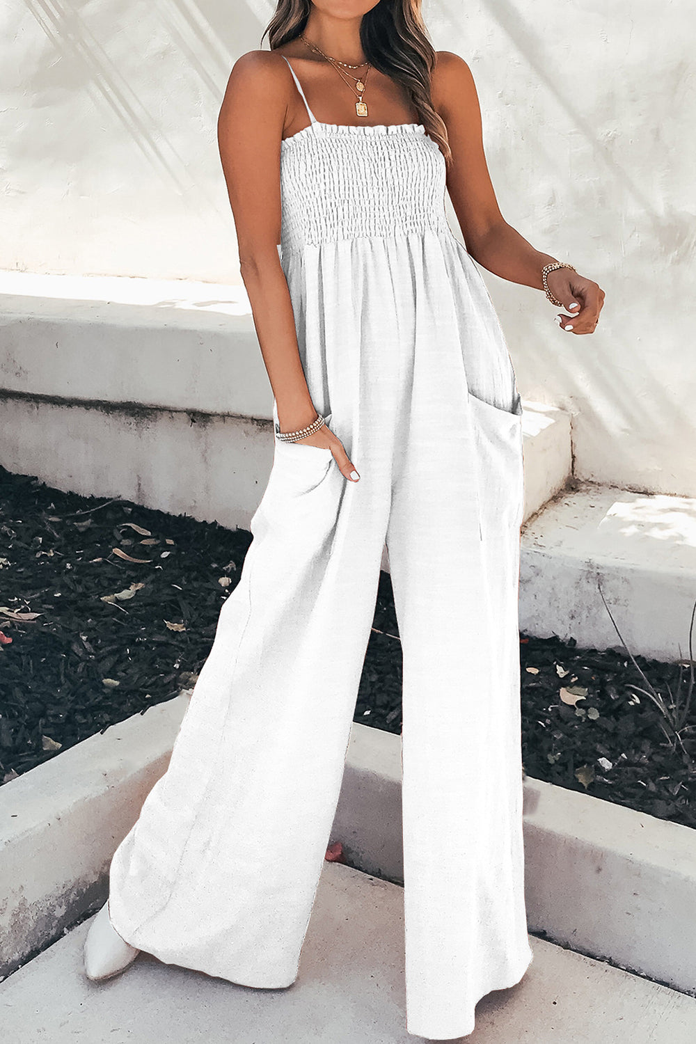 Smocked Spaghetti Strap Wide Leg Jumpsuit White