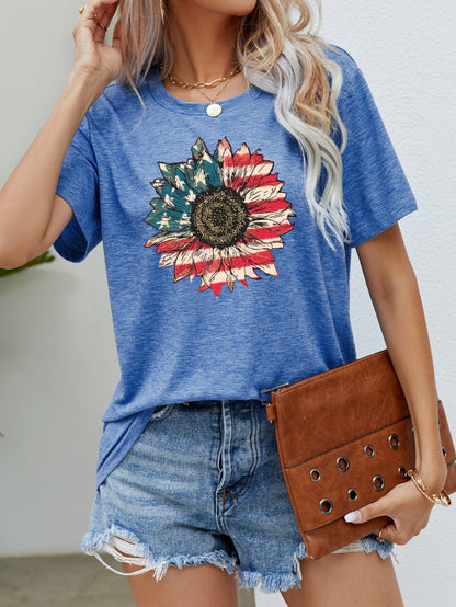 US Flag Flower Graphic Tee Cobalt Blue