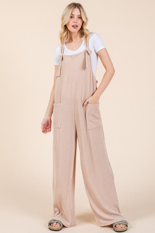 BOMBOM Knot Straps Wide Leg Ribbed Overalls with Pockets Dust Storm