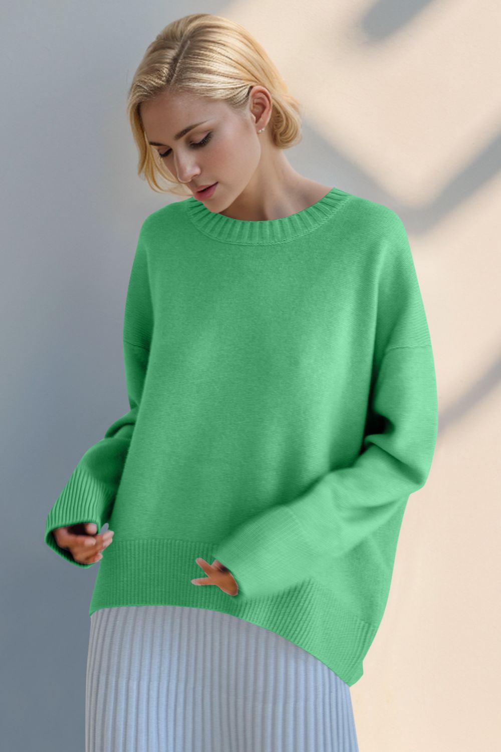 Basic Bae Round Neck Dropped Shoulder Sweater Neon Green One Size