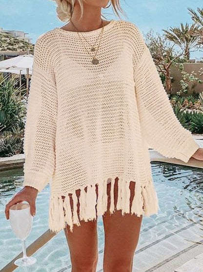 Boho Openwork Tassel Hem Knit Kimono Cream