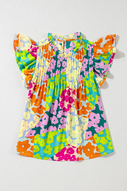 Ruffled Printed Mock Neck Cap Sleeve Blouse