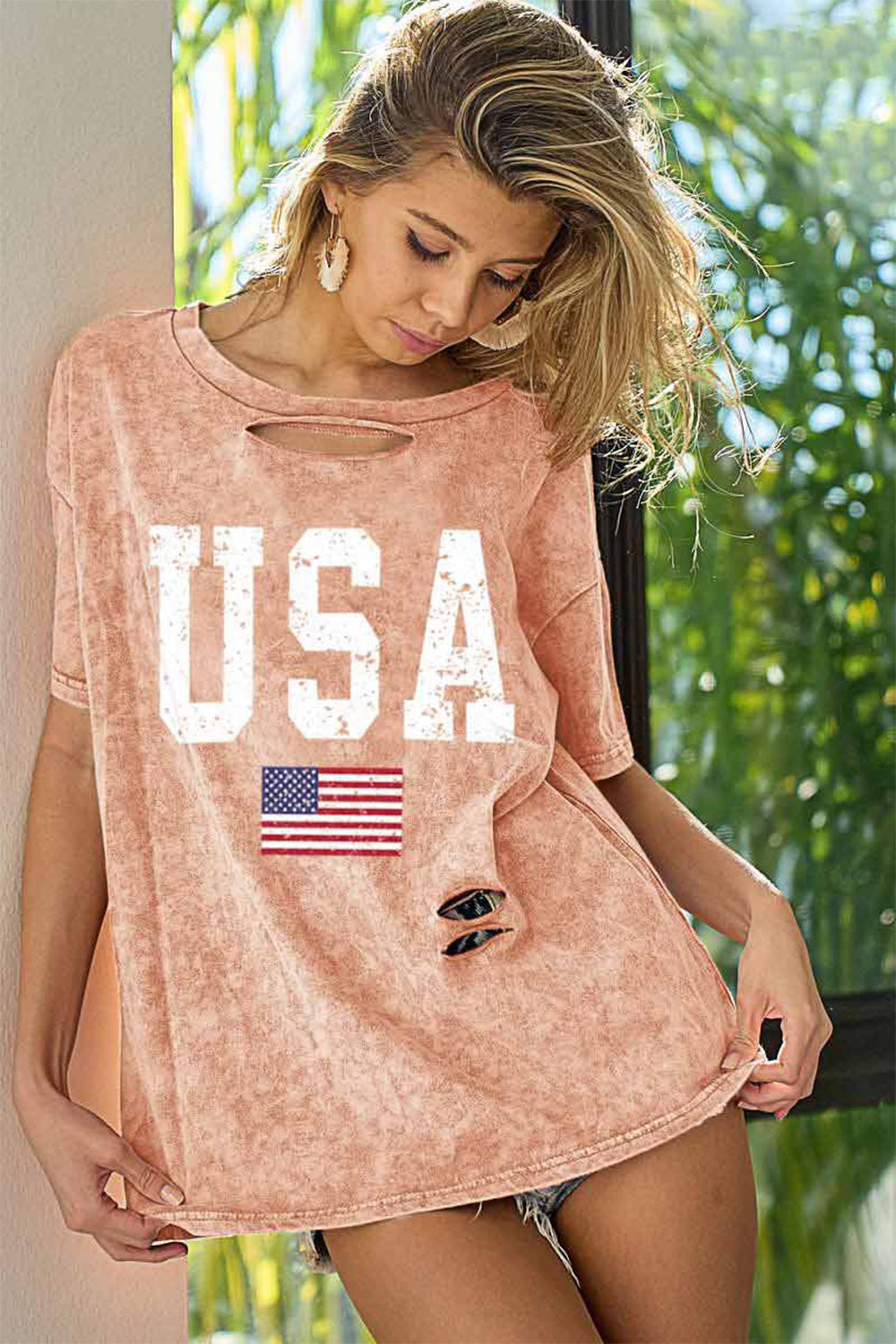 Boho Vintage Wash USA Flag Distressed Tee Dusty Pink