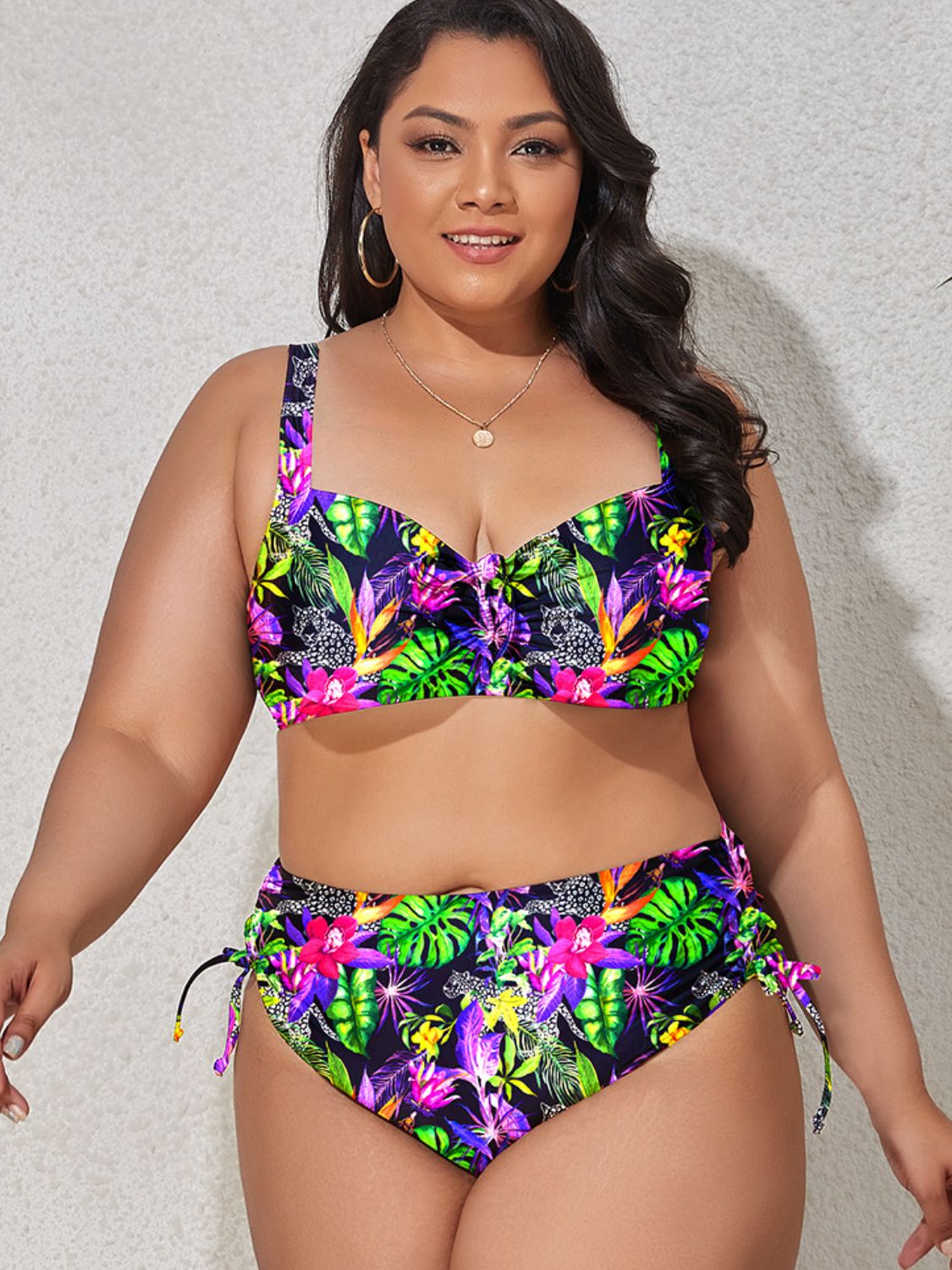Plus Size Printed Drawstring Bikini Set Multicolor
