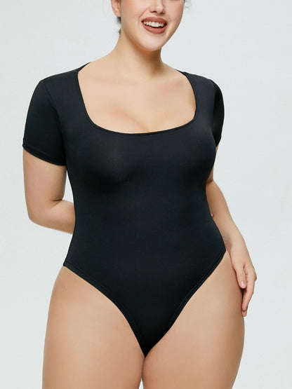 Full Size Square Neck Short Sleeve Bodysuit Black