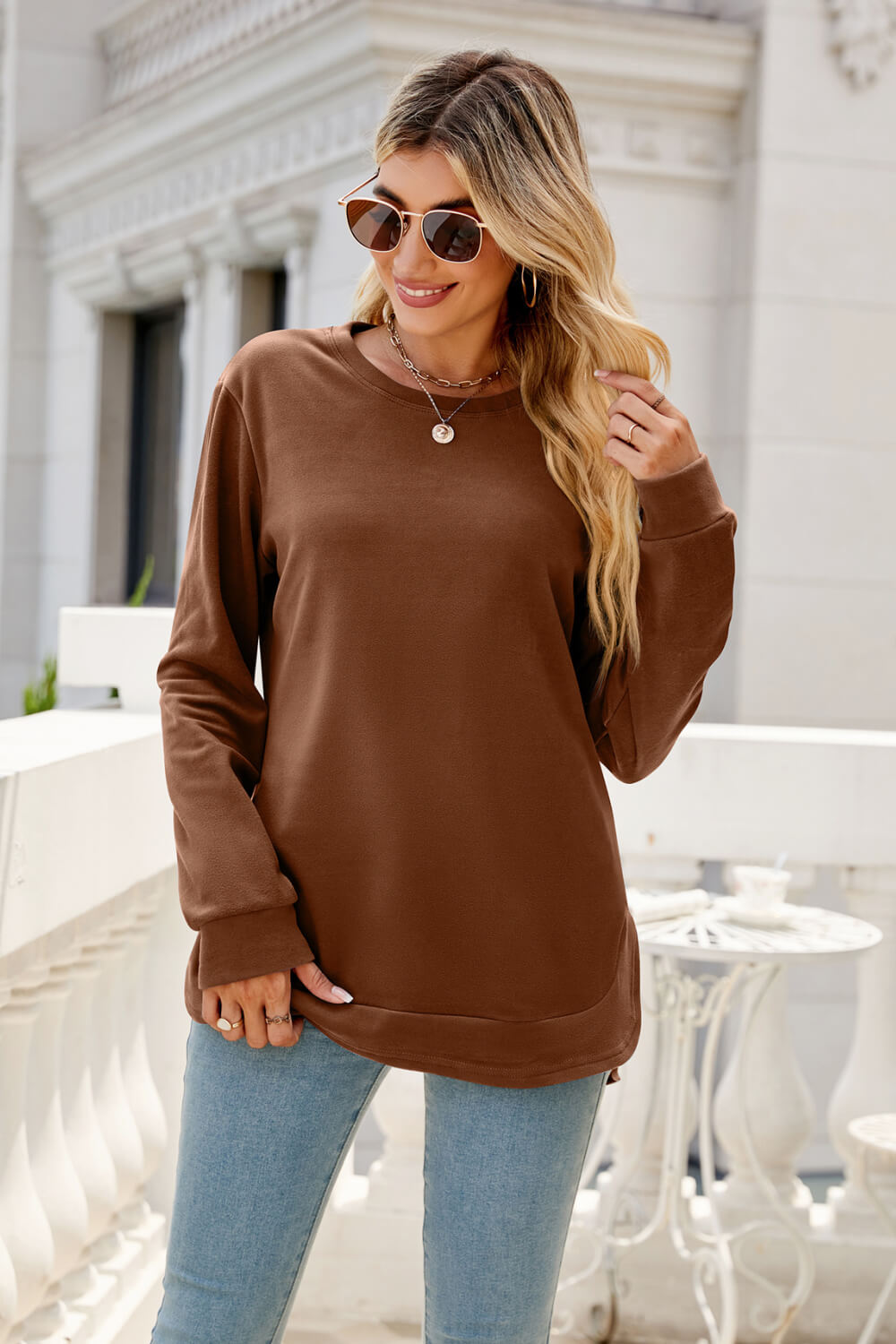 Round Neck Slit Tunic Top Brown