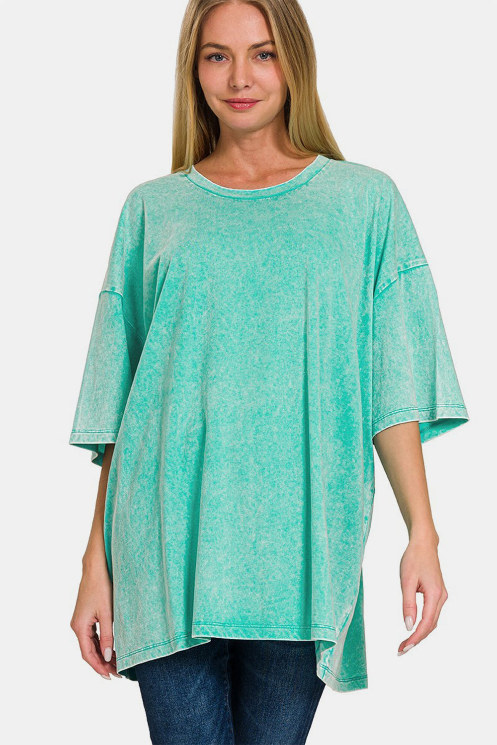 Zenana Full Size Washed Round Neck Drop Shoulder Oversized T-Shirt Turquoise