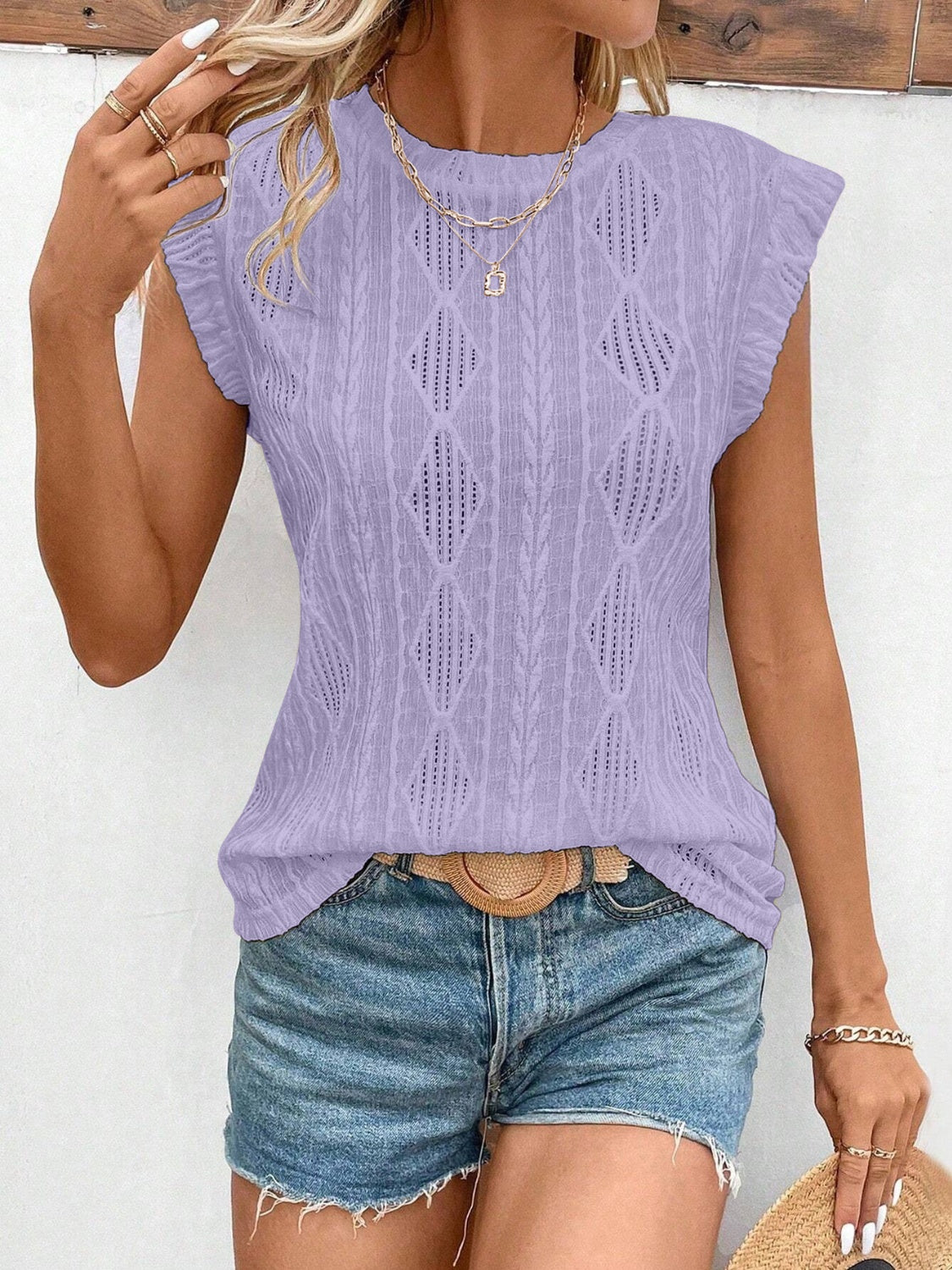 Openwork Round Neck Cap Sleeve Top Lavender