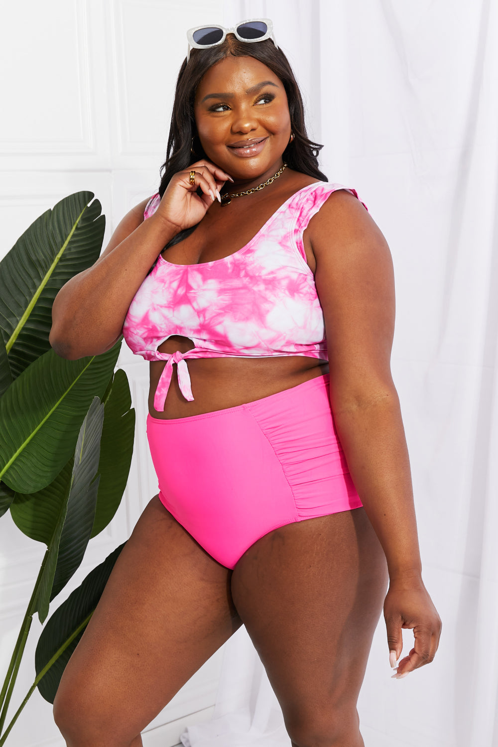 Pink Ruffle High-Waisted Crop Bikini Set