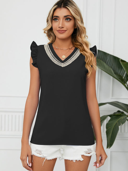 Ruffled V-Neck Cap Sleeve Blouse Black