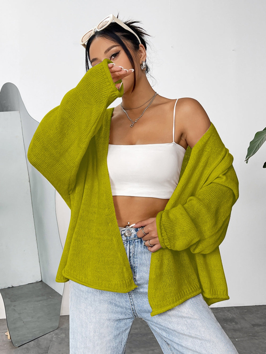 Open Front Dropped Shoulder Cardigan Yellow-Green