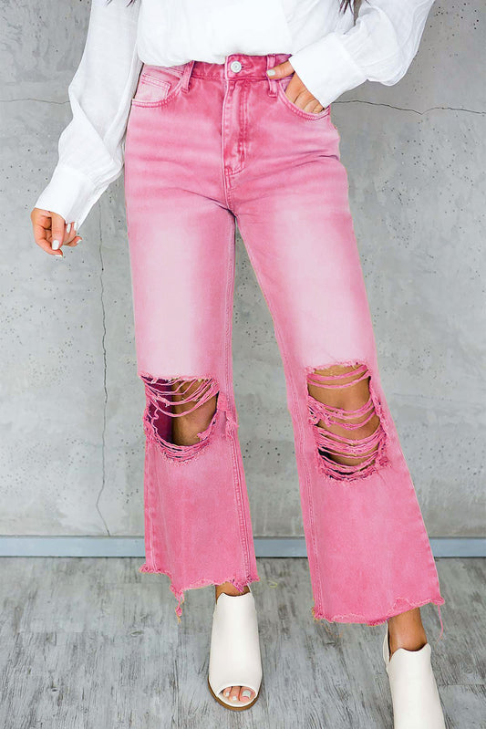 Distressed Raw Hem Jeans with Pockets Pink