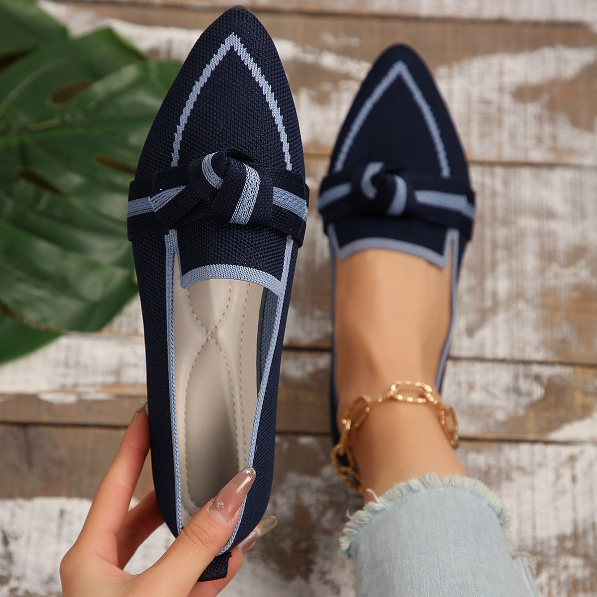 Pointed-Toe Loafers with Bow Detail Navy