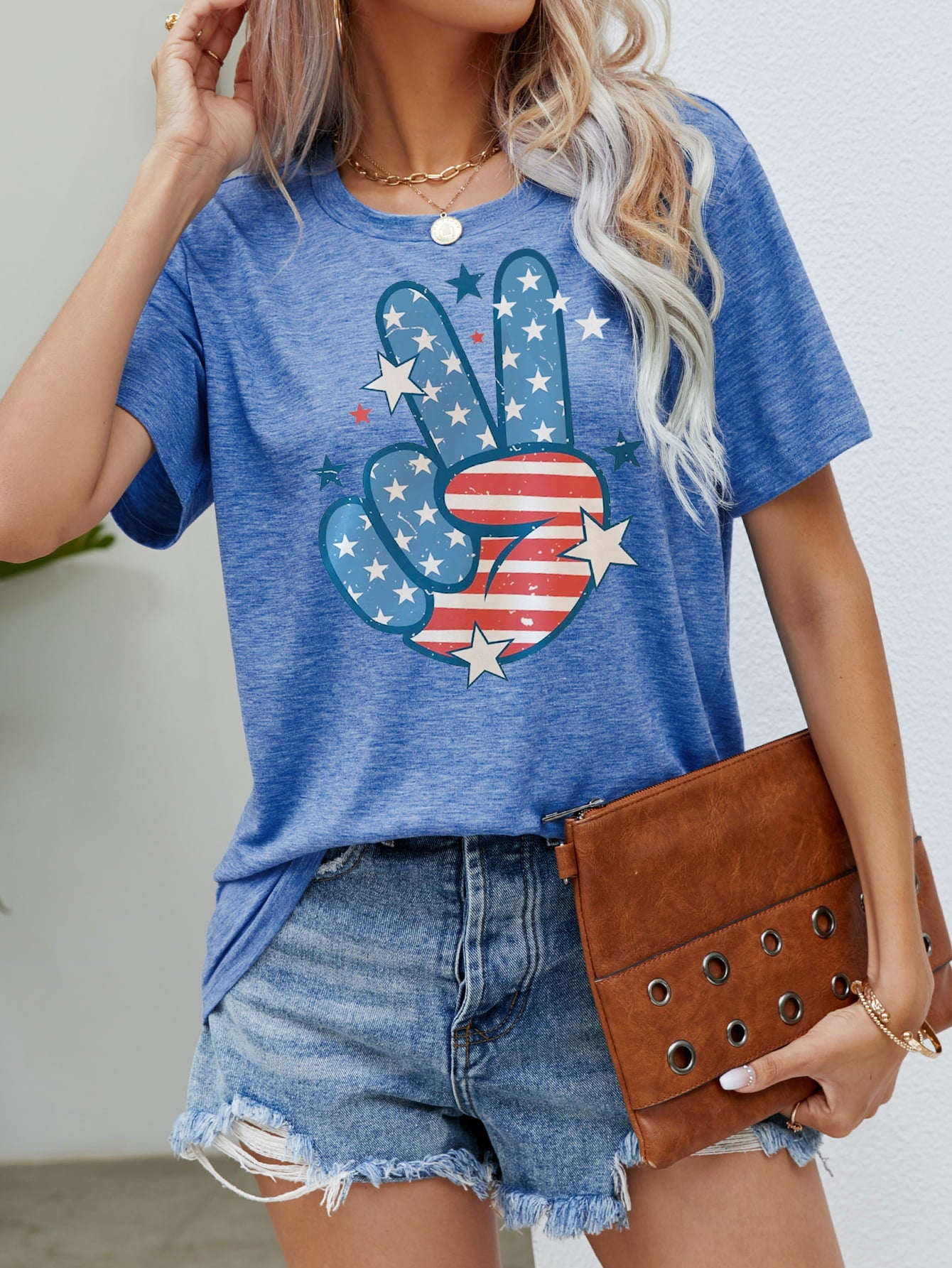 US Flag Peace Sign Hand Graphic Tee Cobalt Blue