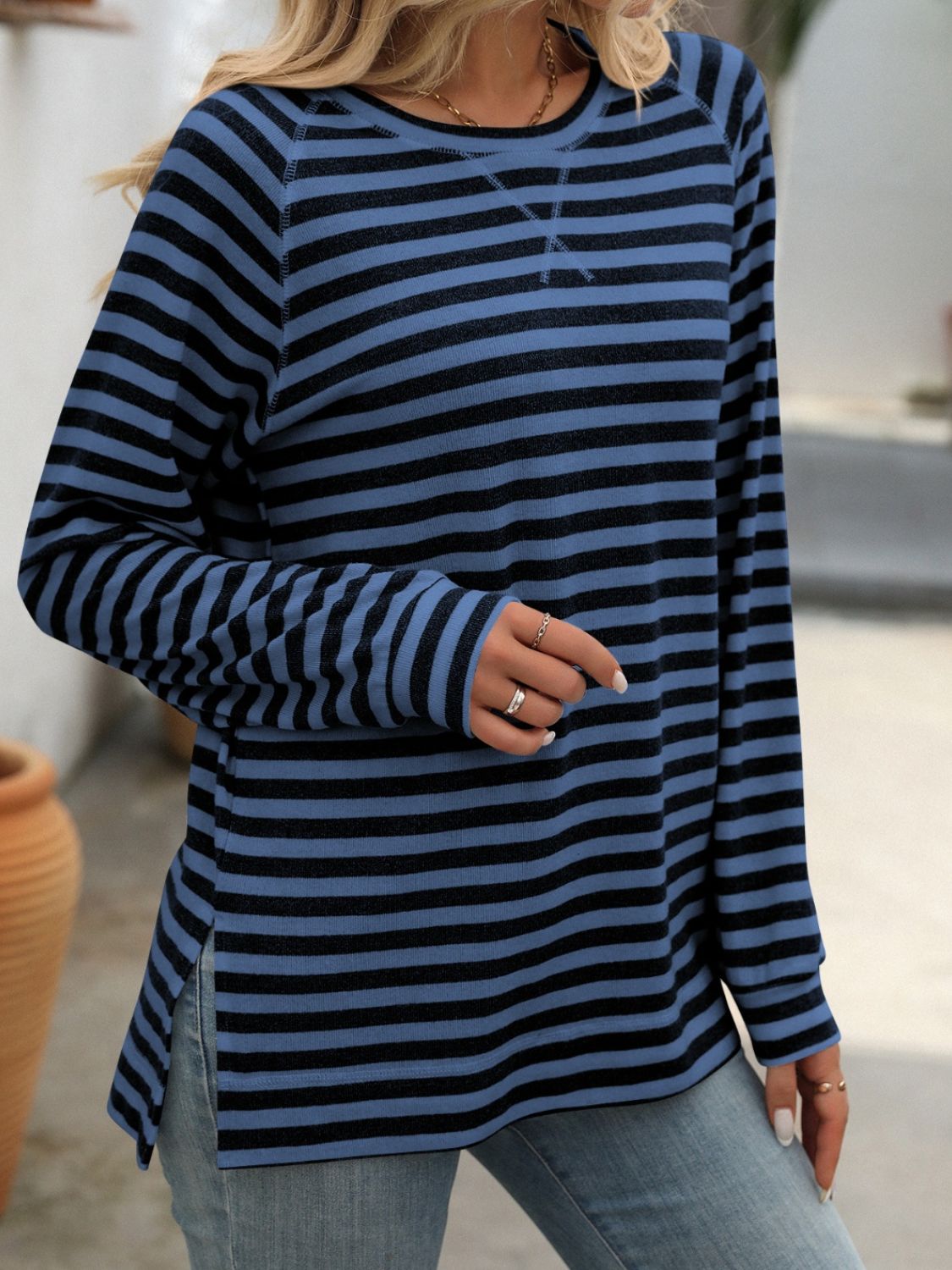 Mandy Striped Round Neck Long Sleeve T-Shirt Dark Blue