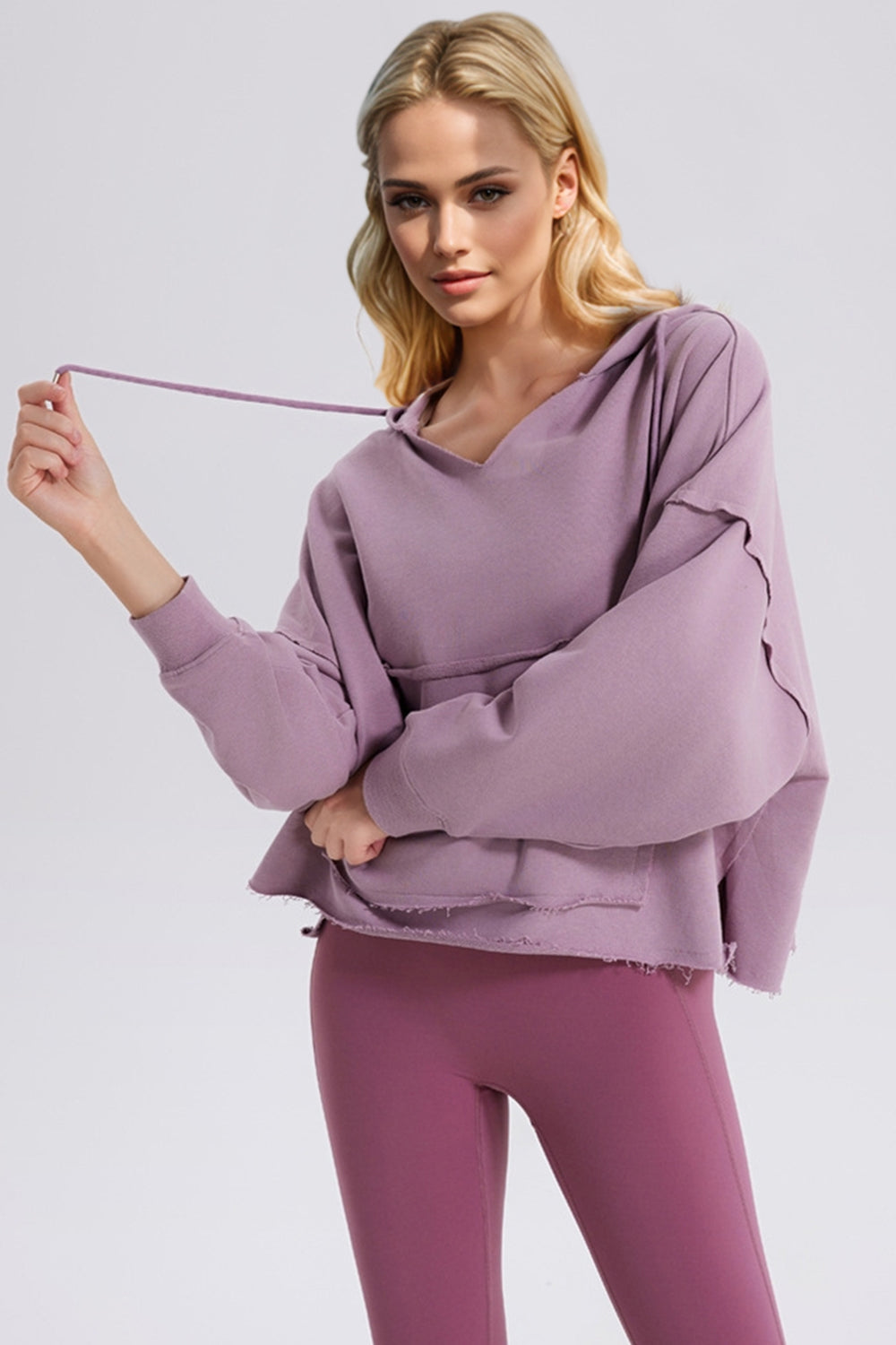 Basic Bae Drawstring Frayed Hem Long Sleeve Hoodie Lilac