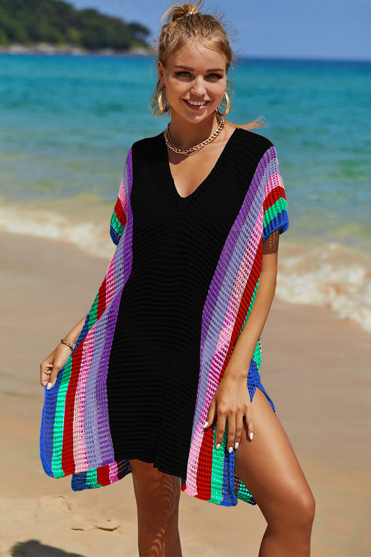 Lightweight Openwork Striped Knit Beach Cover-Up Black One Size