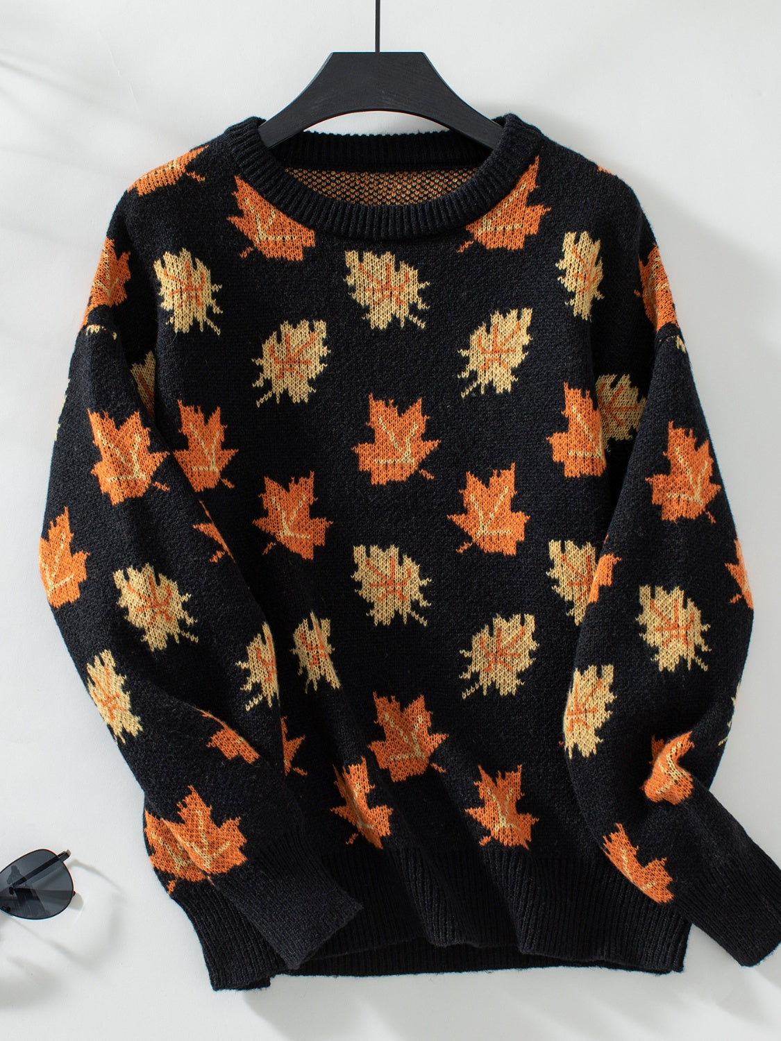 Maple Leaf Round Neck Long Sleeve Sweater Black