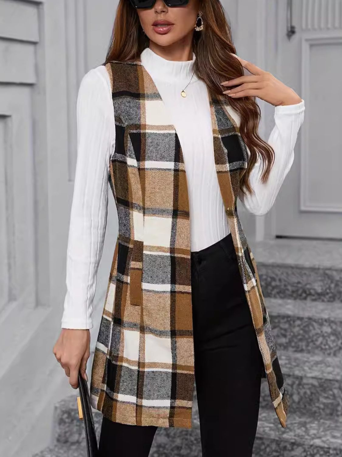 Plaid V-Neck Vest Coat Camel