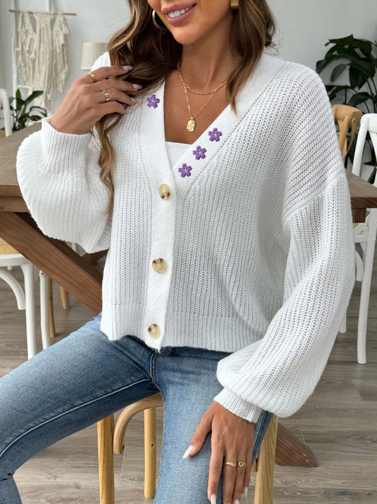 V-Neck Button Up Long Sleeve Cardigan White