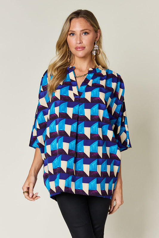 Printed Notched Neck Blouse with Short Sleeves Sky Blue
