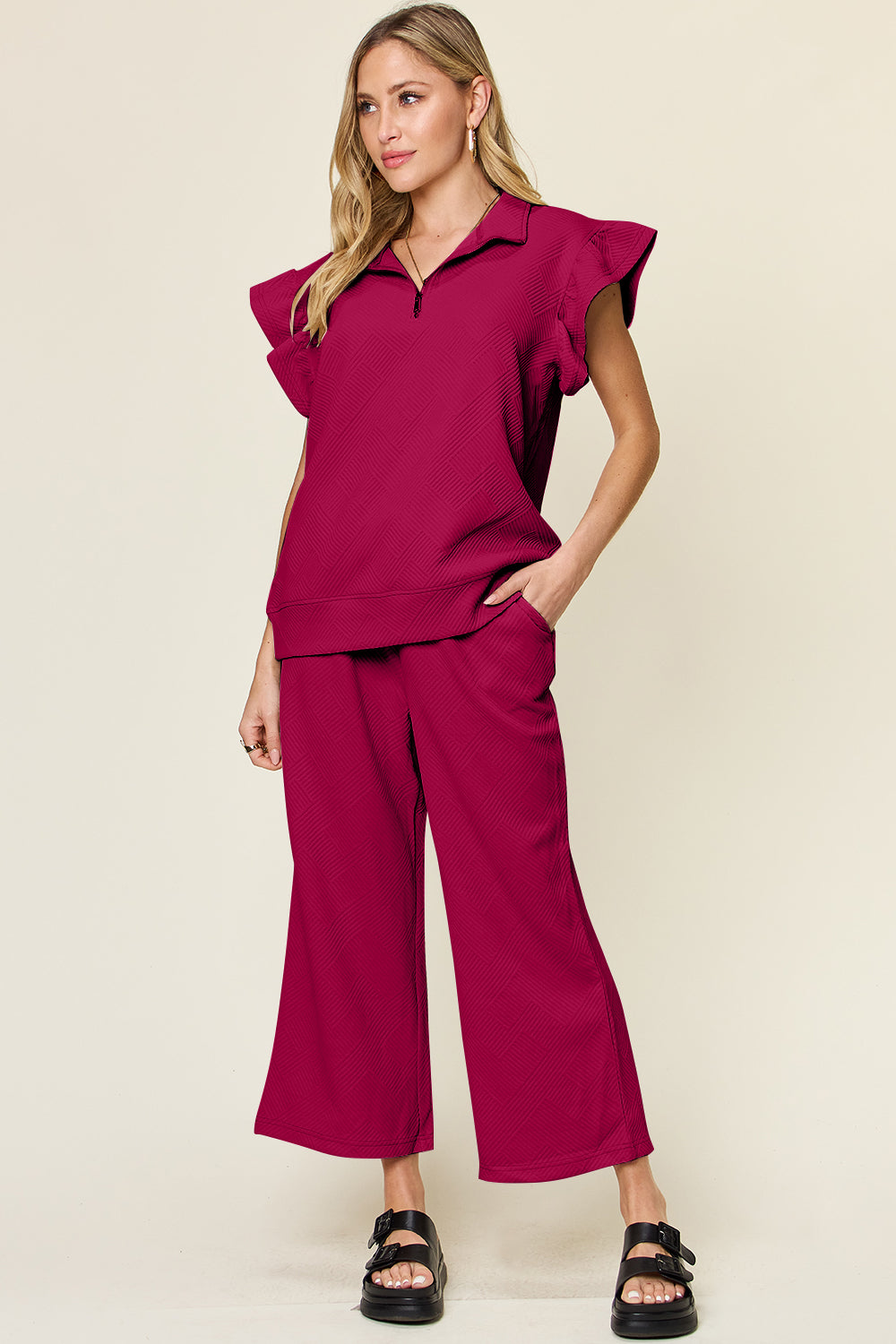 Textured Ruffle Top & Drawstring Wide Leg Pants Set Cerise