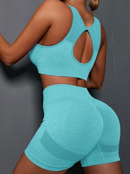 Cutout Scoop Neck Tank and Shorts Active Set Aqua