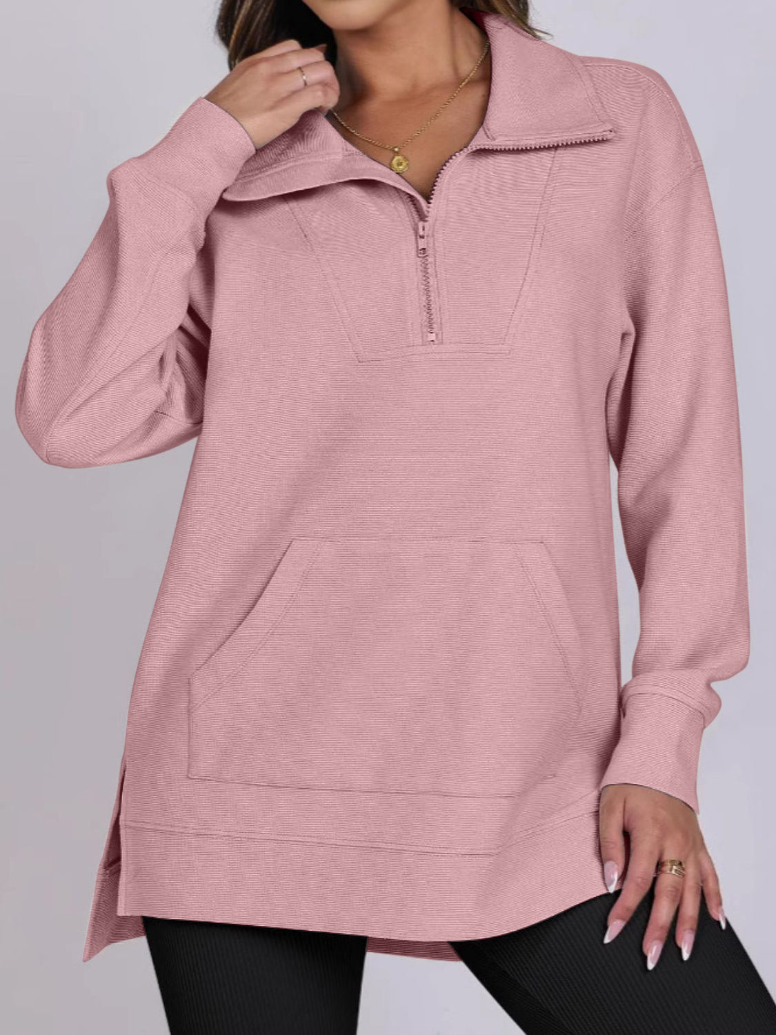 ฺHigh-Low Quarter Zip Long Sleeve Sweatshirt Blush Pink