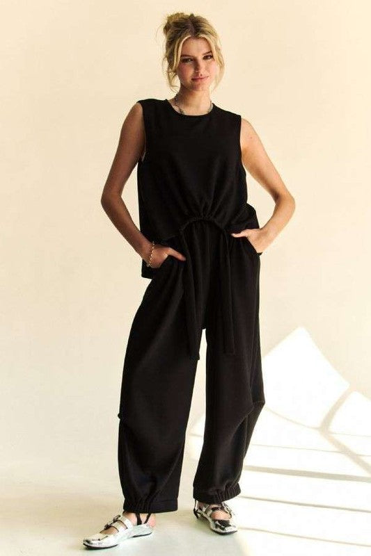 Davi & Dani Drawstring Hem Round Neck Tank and Pants Set Black