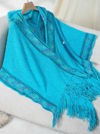 Fringe Half Sleeve Hooded Poncho Sky Blue One Size