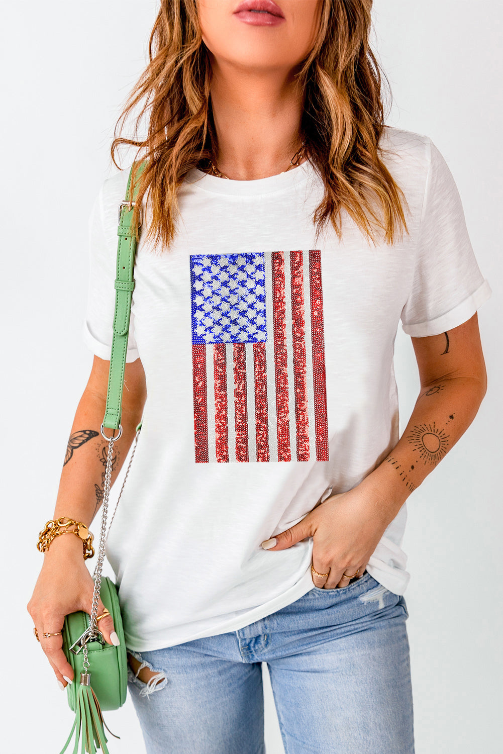 US Flag Round Neck Short Sleeve T-Shirt White