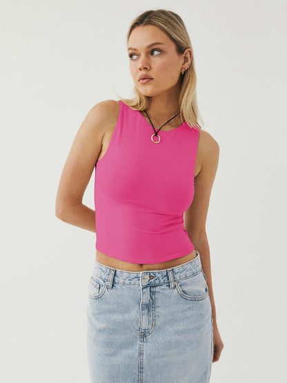 Round Neck Cropped Tank Hot Pink