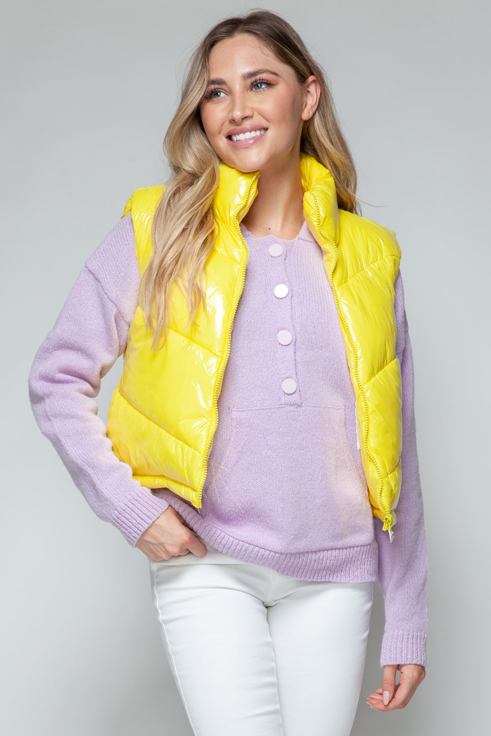 Snobbish Zip Up Turtleneck Shiny Quilted Vest Yellow