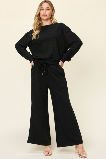 Textured Lounge Set with Drawstring Pants Black