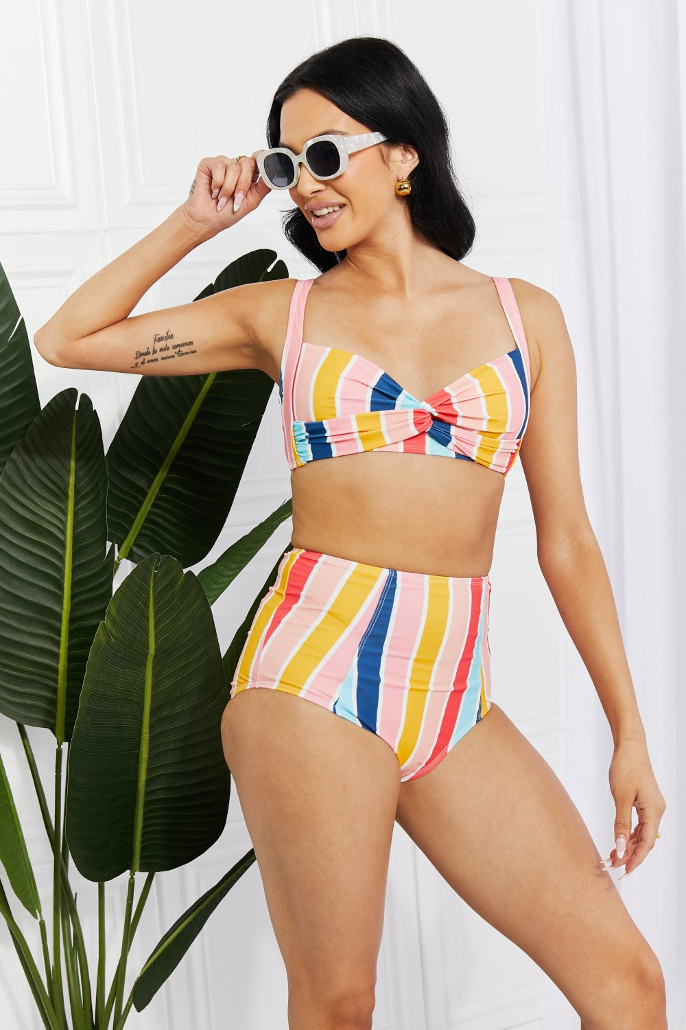 Striped Twist-Front High-Waisted Bikini