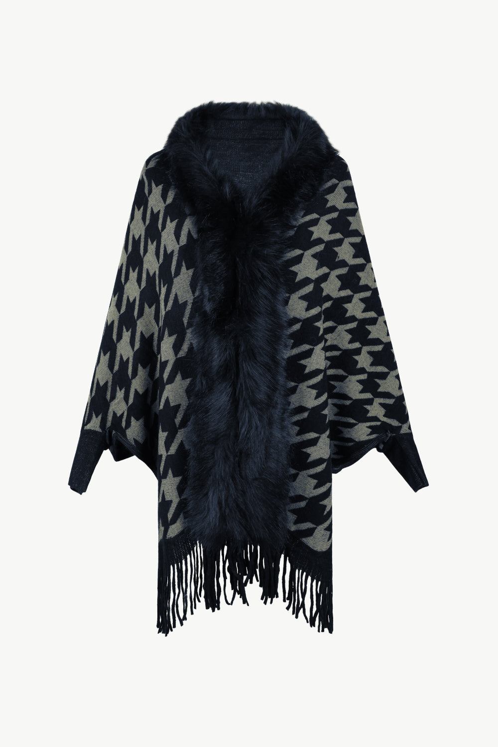 Houndstooth Fringe Hem Poncho Black One Size