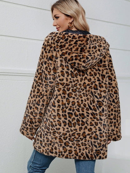 Fuzzy Leopard Print Hoodie Jacket