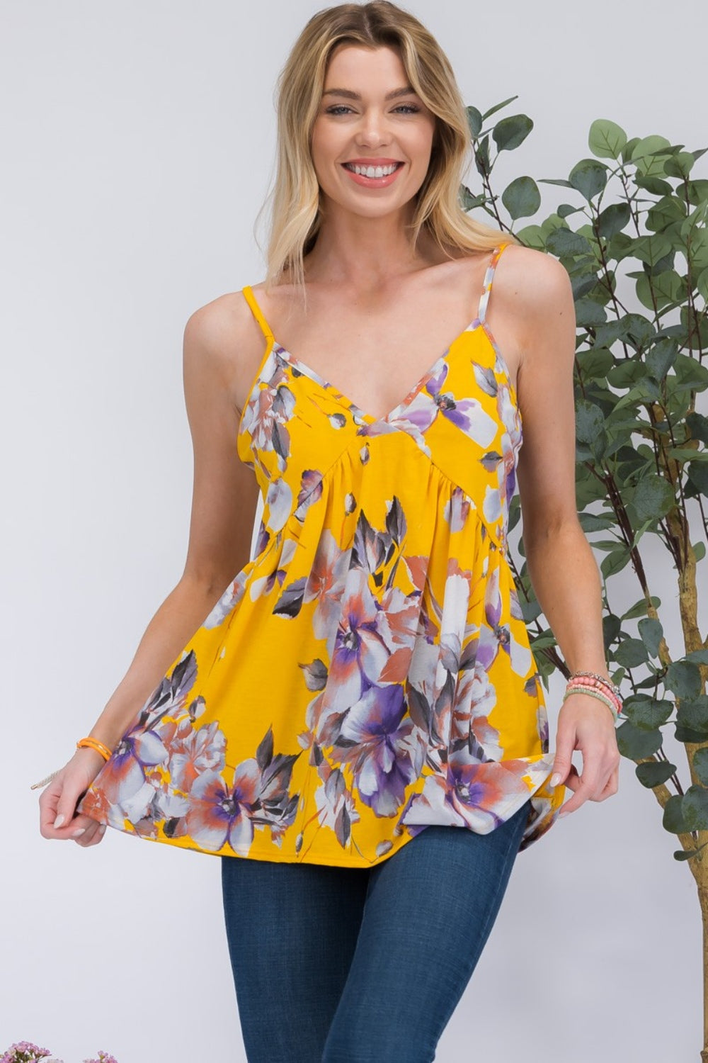 Celeste Full Size Floral V-Neck Cami Yellow