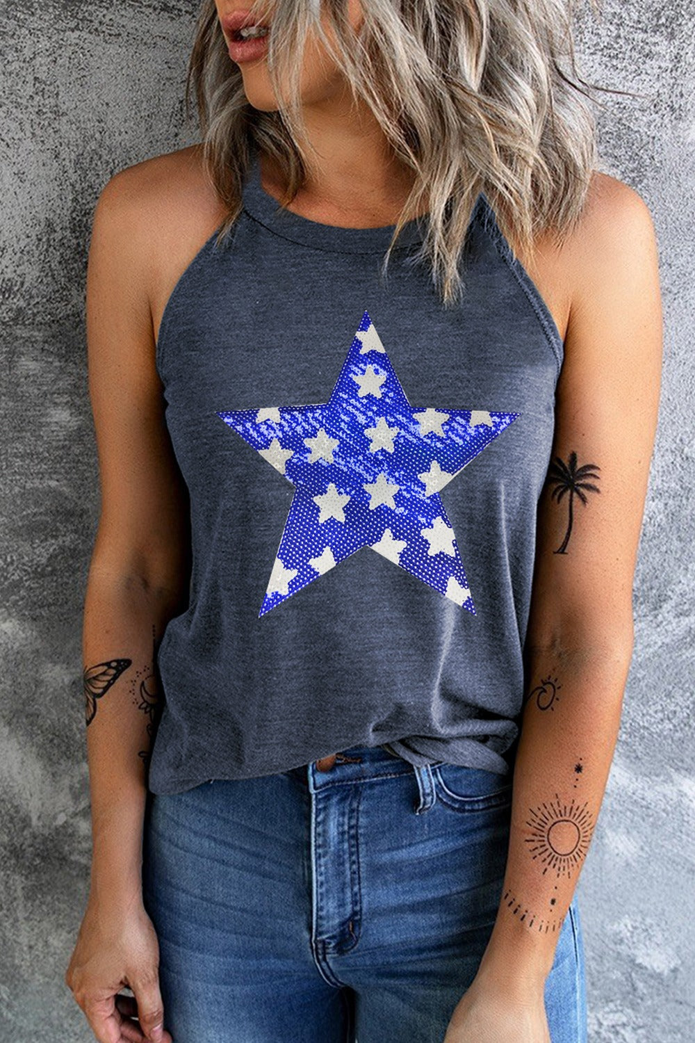 Sequin Star Grecian Neck Tank Dark Gray