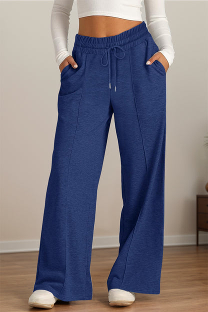 Drawstring Elastic Waist Wide Leg Pants Navy