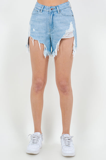 American Bazi High Waist Fringed Hem Denim Shorts Blue