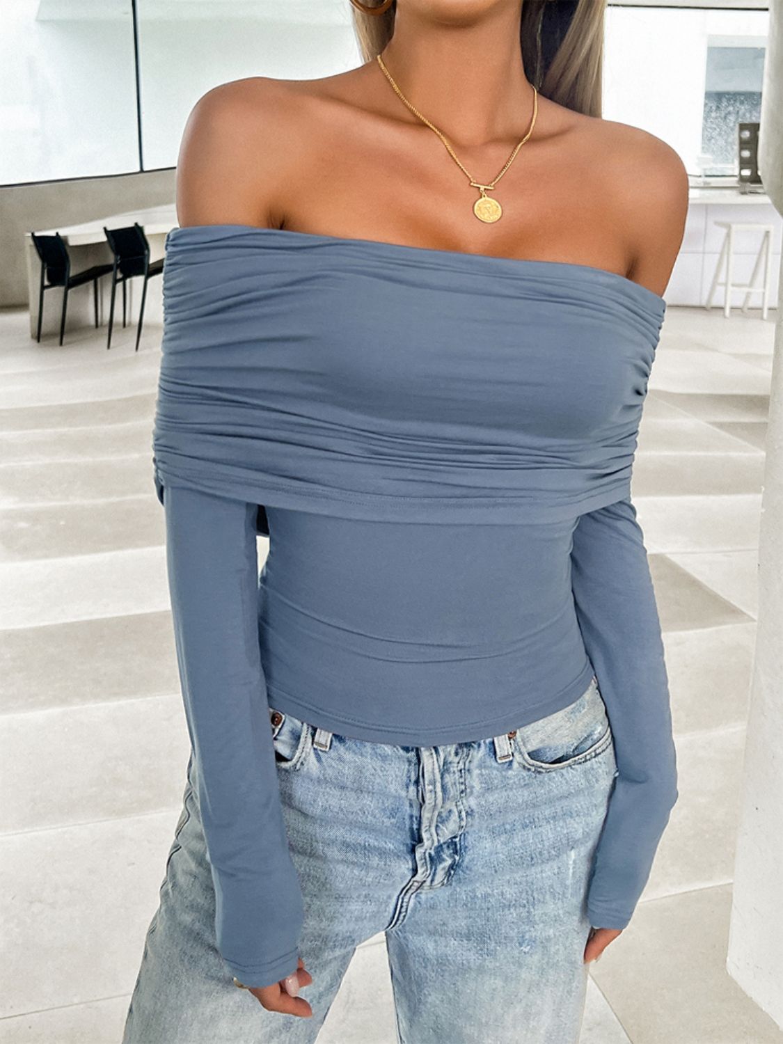Ruched Off-Shoulder Long Sleeve T-Shirt Dusty Blue