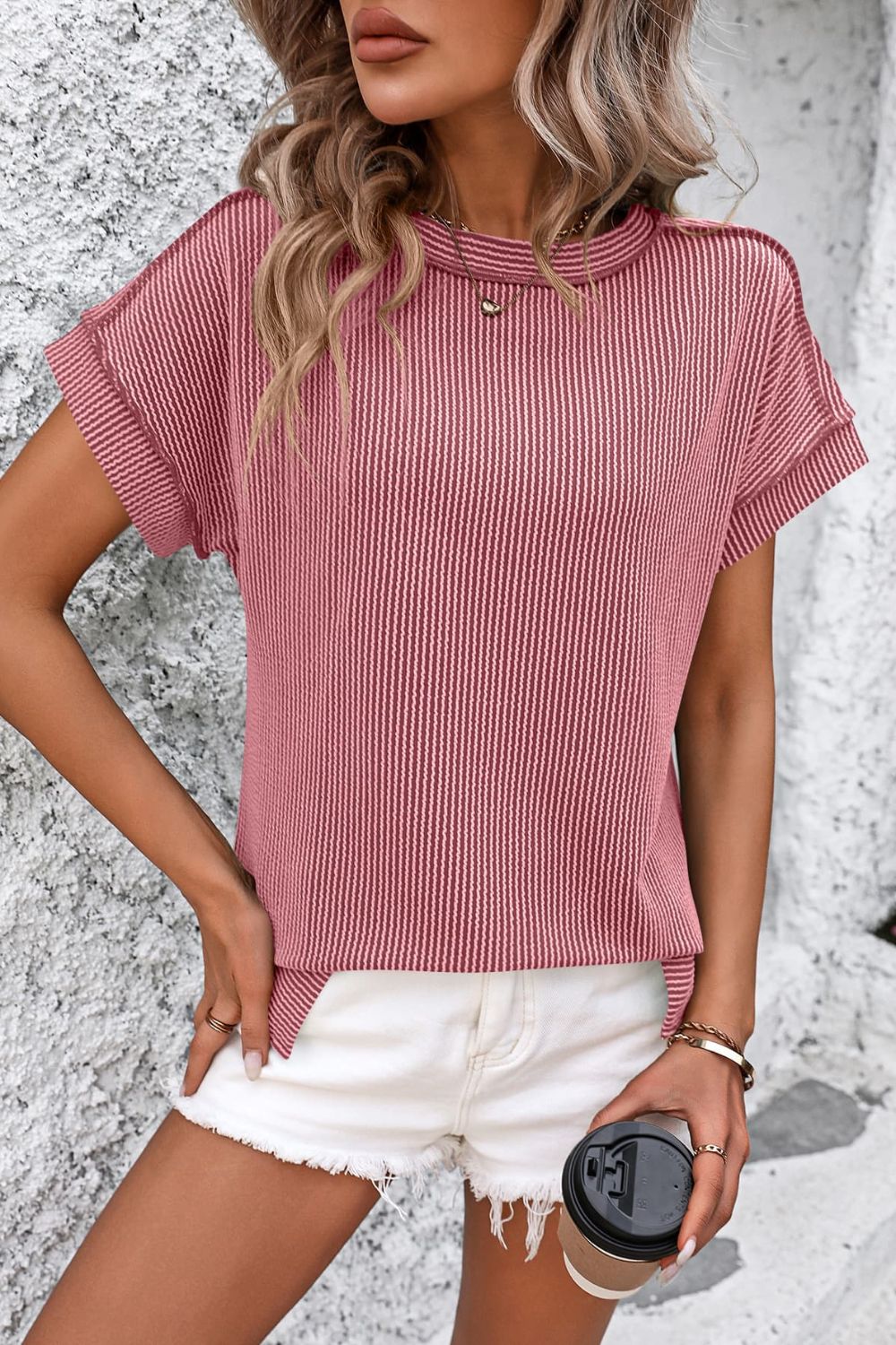 Relaxed Fit Striped Crewneck Tee Deep Rose