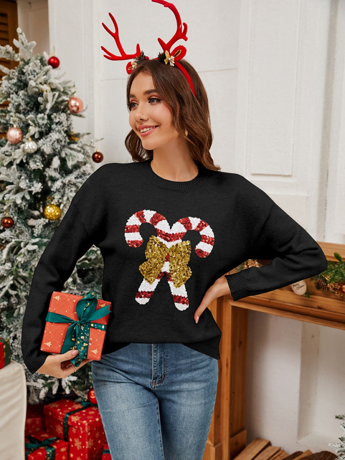 Sequin Candy Cane Round Neck Long Sleeve Sweater Black