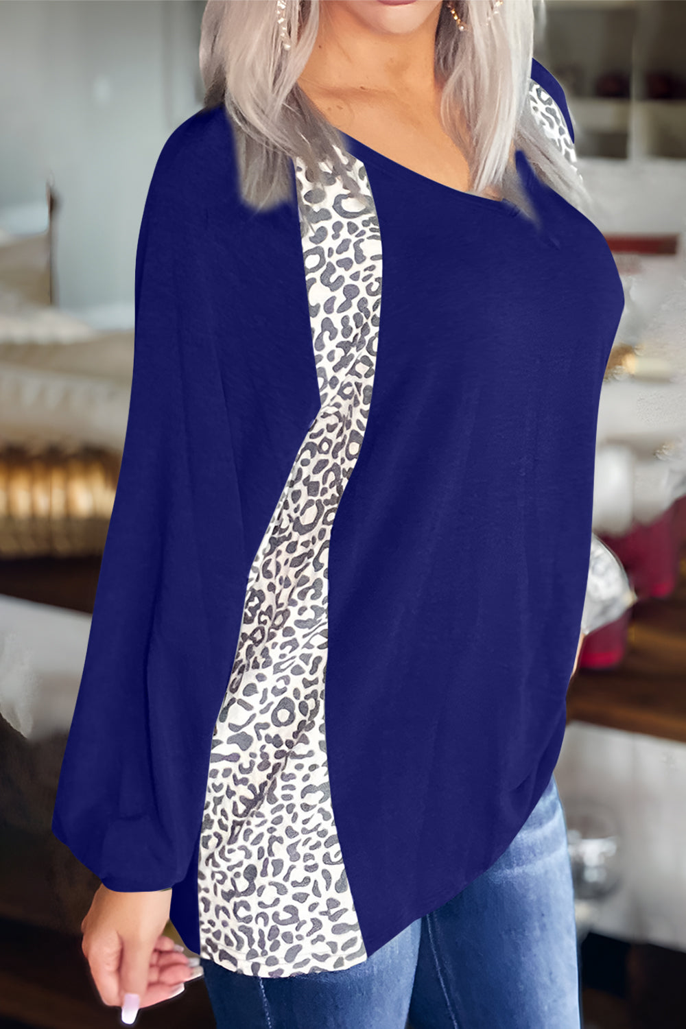 Full Size Leopard V-Neck Long Sleeve T-Shirt Navy